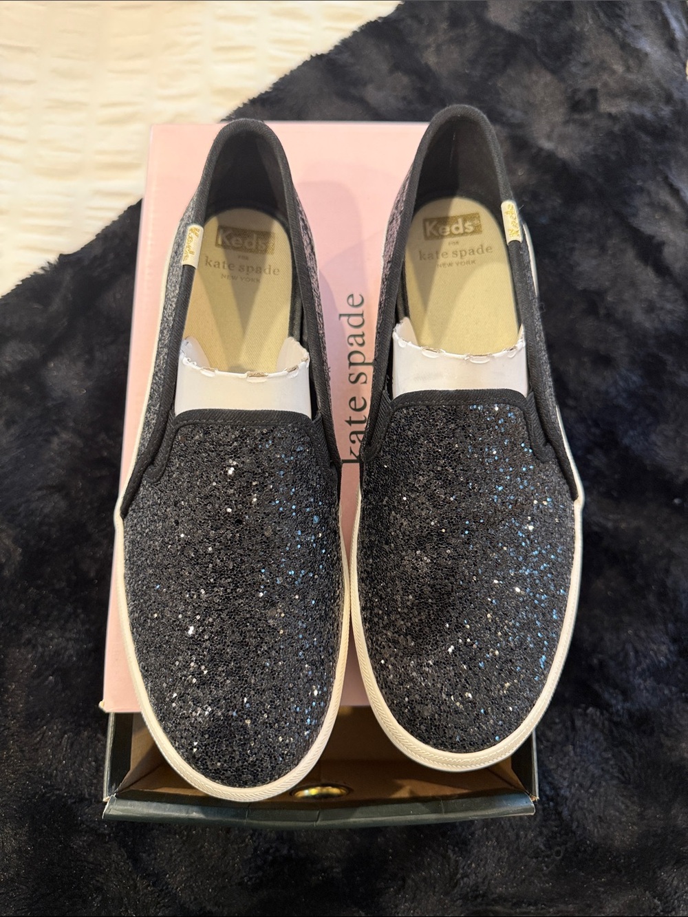 kate spade Black Glitter Slip-On Mules